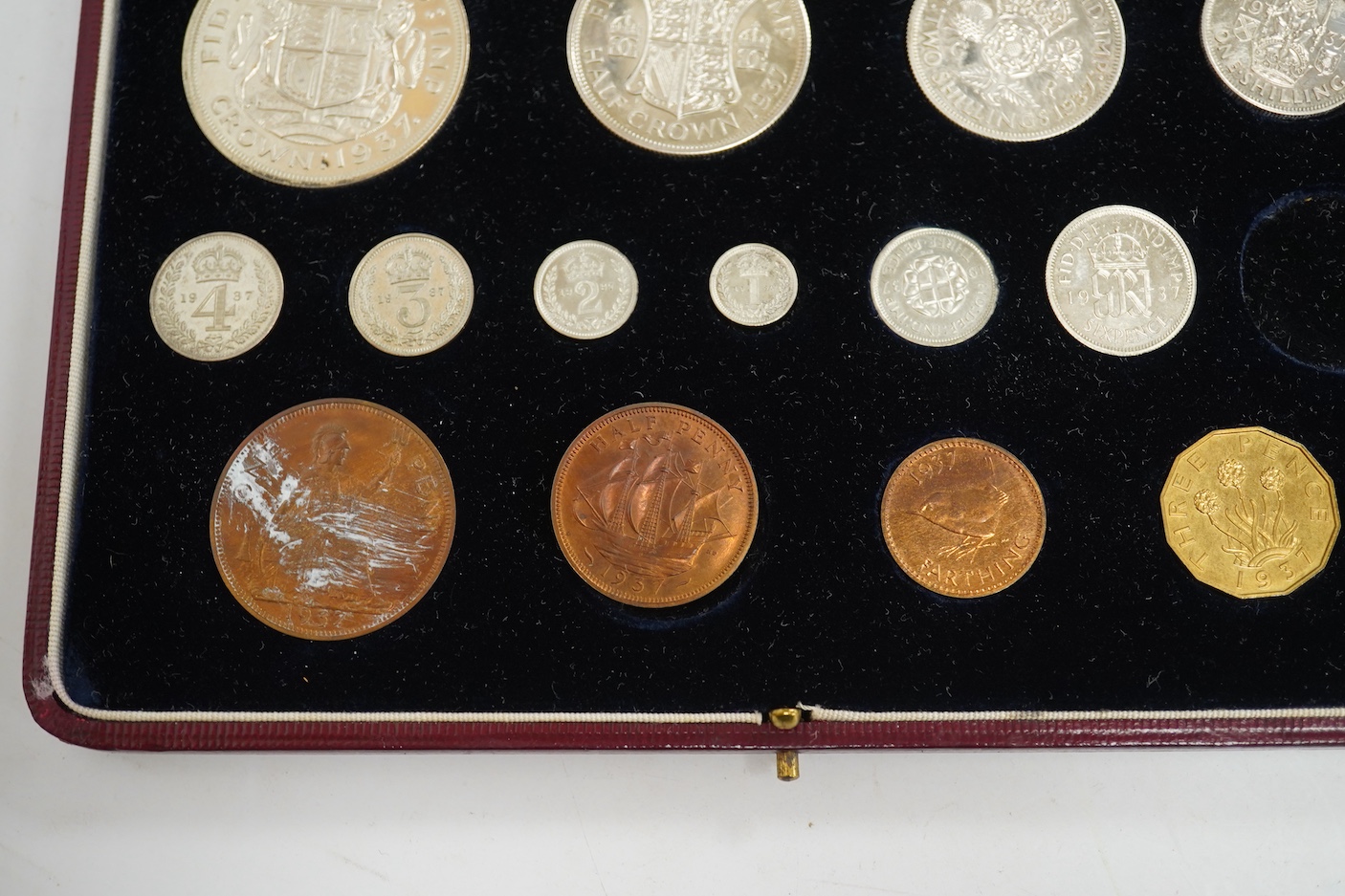 British coins, George VI, specimen coronation coin set, 1937, comprising farthing to crown, Maundy 1d - 4d (14 of 15, one shilling lacking), white residue to some coins otherwise proof like UNC
